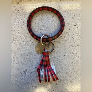 Plaid Red and Black Bangle Keychain with Tassel and Charm